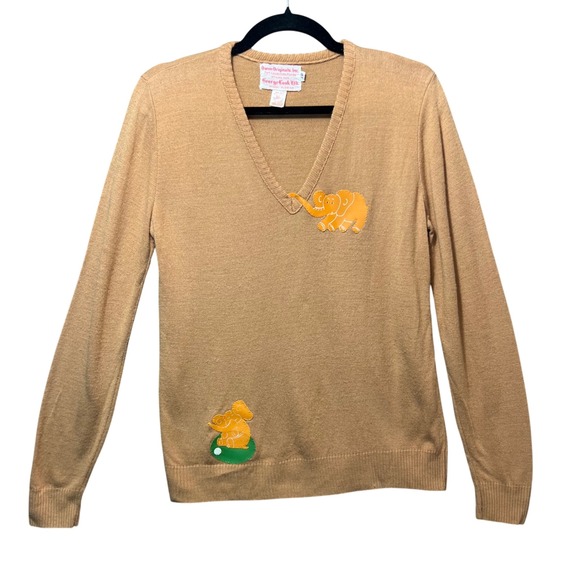 Vintage 60s 70s Owen Originals Elephant Appliqué V-Neck Sweater Tan Novelty Golf - Picture 1 of 5